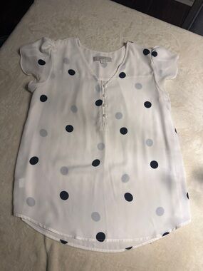 LOFT White Blouse with Light Gray Dot Detail